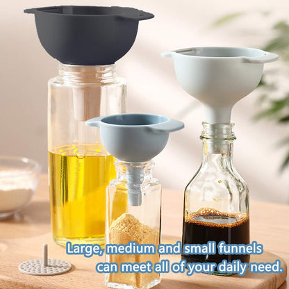 12007 3 in 1 Kitchen Funnel Set of 3, Funnel for Filling Bottle, Small Canning Funnel with Handle, Food Grade Plastic Funnel with Detachable Strainer Filter for Liquid, Dry Ingredients, and Powder