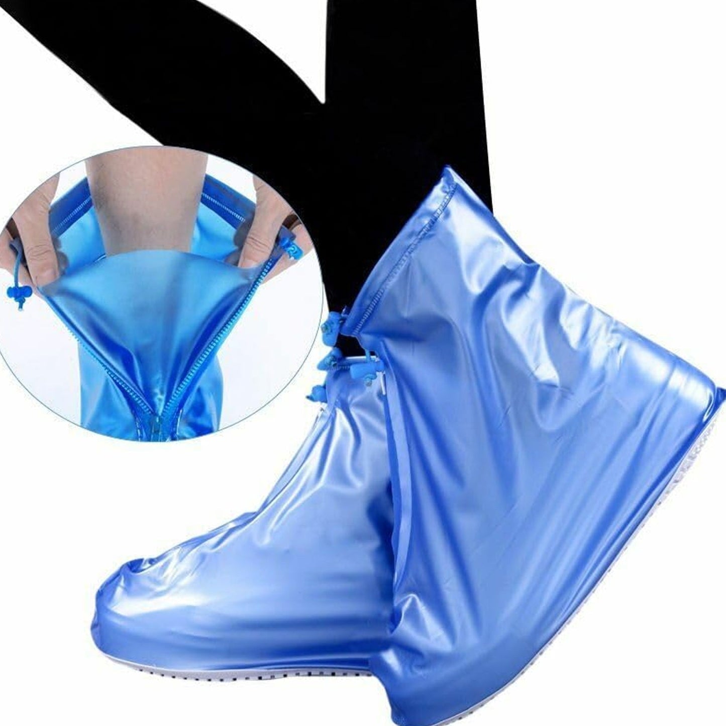 17960 Plastic Shoes Cover Reusable Anti-Slip Boots Zippered Overshoes Covers Transparent Waterproof Snow Rain Boots for Kids / Adult Shoes, for Rainy Season (1 Pair / Blue)