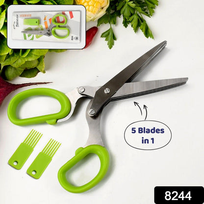 8244 Herb Cutter Scissors 5 Blade Scissors Kitchen Multipurpose Cutting Shear with 5 Stainless Steel Blades & Safety Cover & Cleaning Comb Cilantro Scissors Sharp Shredding Shears Herb Scissors Set