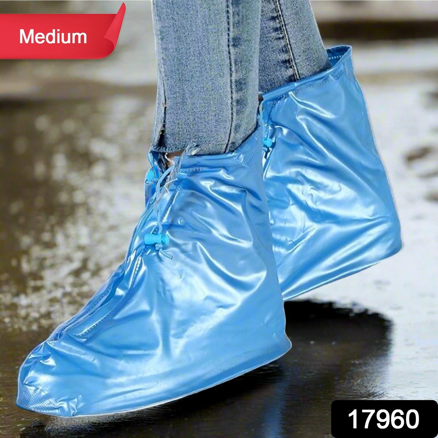 17960 Plastic Shoes Cover Reusable Anti-Slip Boots Zippered Overshoes Covers Transparent Waterproof Snow Rain Boots for Kids / Adult Shoes, for Rainy Season (1 Pair / Blue)