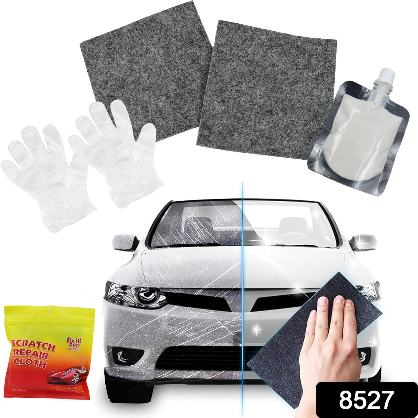 8527 Nano Magic Car Scratch Remover Cloth, Multipurpose Scratch Repair Cloth, Cloth for Car Paint Scratch Repair, Easy to Repair Slight Scratches on the Surface Polishing Repeatable Use for All Kinds of Car (45 ML Repair Solution, 2 Gloves, 2 nano Cloth)