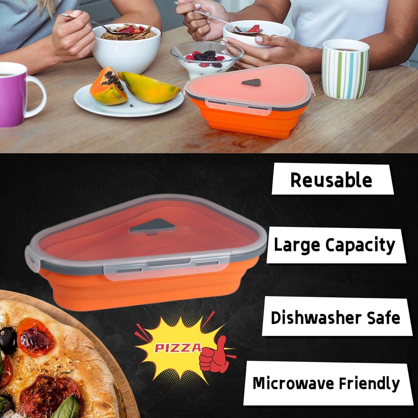 10026 Reusable Pizza Storage Containers with 5 Microwavable Serving Trays, Silicone Container Expandable & Adjustable for Packing Pizza at home / outdoor