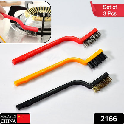 2166 3pc  Mini Wire Brush Set Brass Nylon Stainless Steel Bristles Household Cleaning Brush for Gas Stove, Smoke Machine Tool Burner Tiles Tap Rust Removal Welding Slag Dirt & Paint Scrubbing.