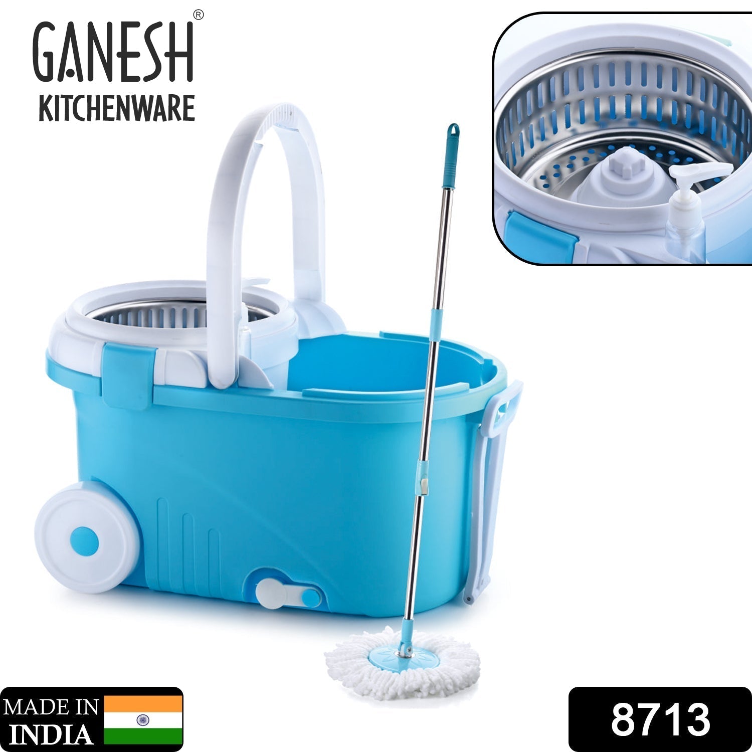 8713 GANESH Prime Plus Steel Spinner Bucket Mop 360 Degree Self Spin Wringing with 2 Absorbers for Home and Office Floor Cleaning Mops Set. DeoDap