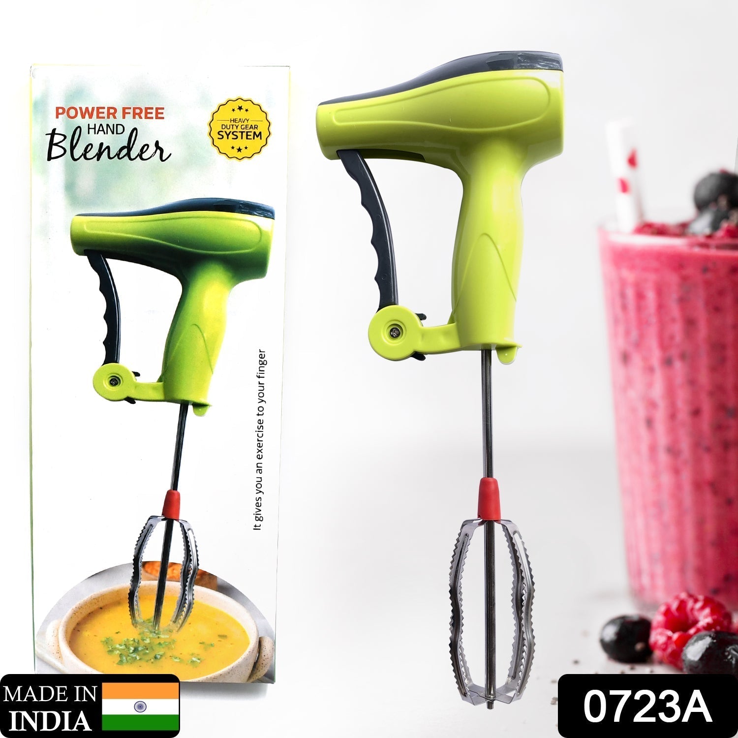 0723A Power Free Manual Hand Blender with Stainless Steel Blades, Milk Lassi Maker, Egg Beater Mixer Rawai DeoDap