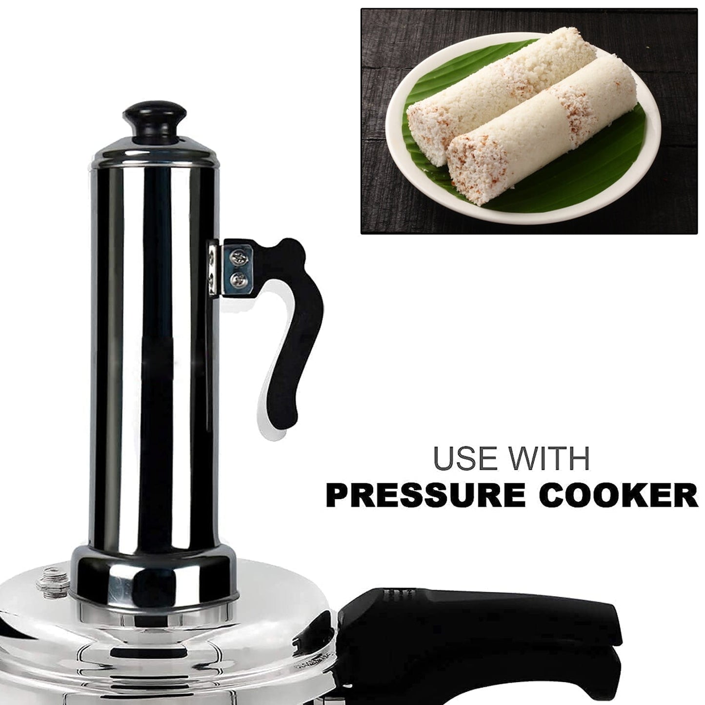 5311 Puttu Maker with Steamer Plate, Metal Stick, Black Plastic Handle, Silver Lid,  Puttu Maker Set  To Use with Pressure Cooker Top, Food Grade Stainless Steel DeoDap