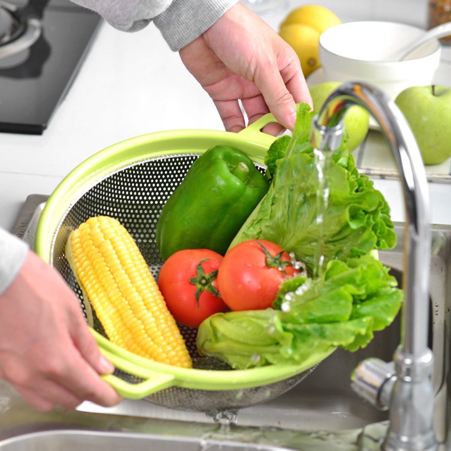 7145 Stainless Steel Colander with Handle, Large Metal Green Strainer for Pasta, Spaghetti, Berry, Veggies, Fruits,  Kitchen Food Colander, Dishwasher Safe DeoDap