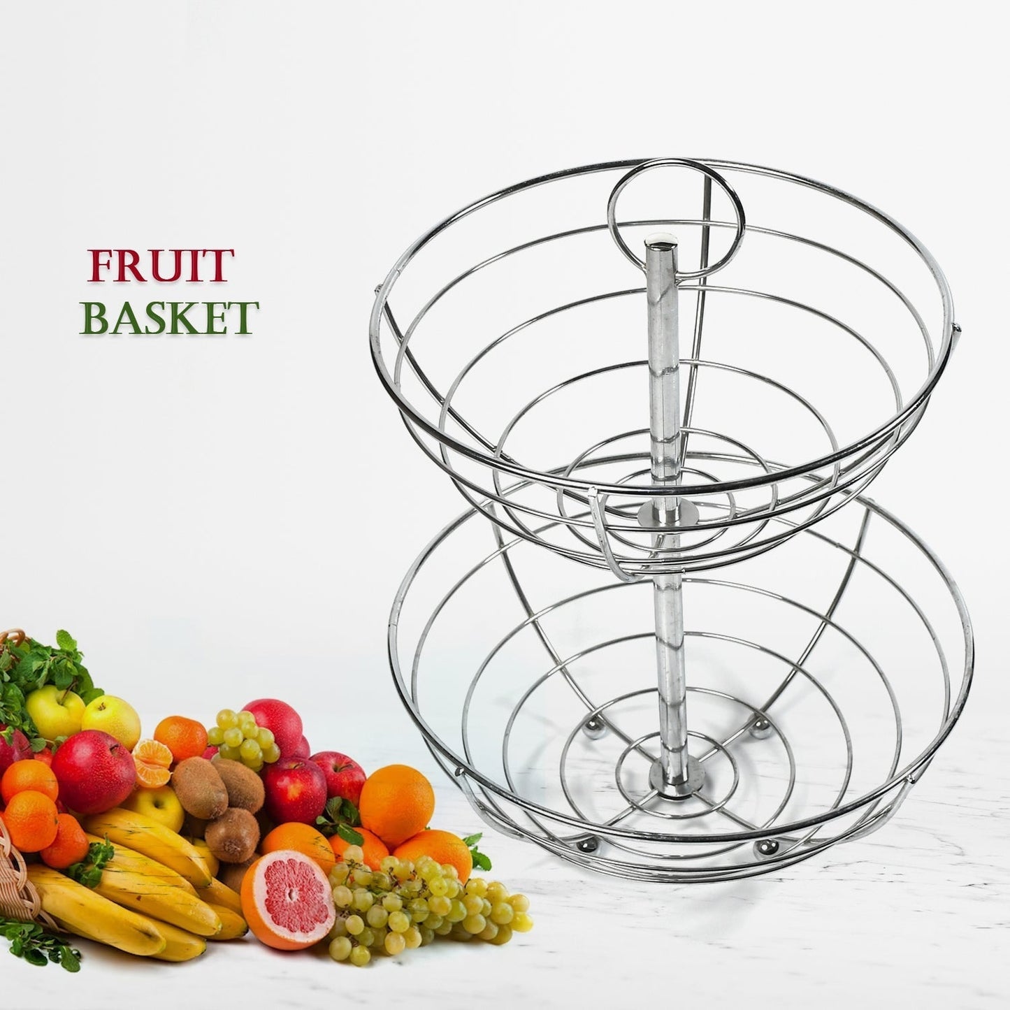 5224  2 Tier Steel Fruit Basket Bowl Fruit Bread Organizer Storage Holder Stand with Modern Design for Gift Home Party DeoDap