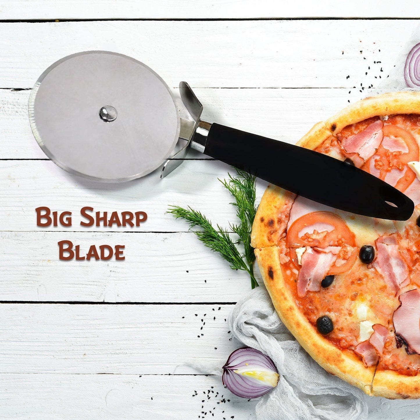 2049 Stainless Steel Pizza Cutter with black handle, Sandwich & Pastry Cutter, Sharp, Wheel Type Cutter. DeoDap