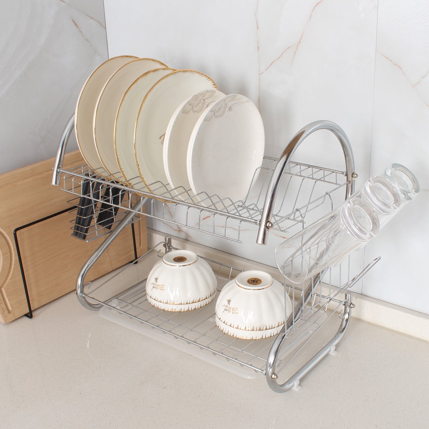 7665 Two Layer Dish Drying Rack with Drain Board Dish Rack with Utensil Holder DeoDap