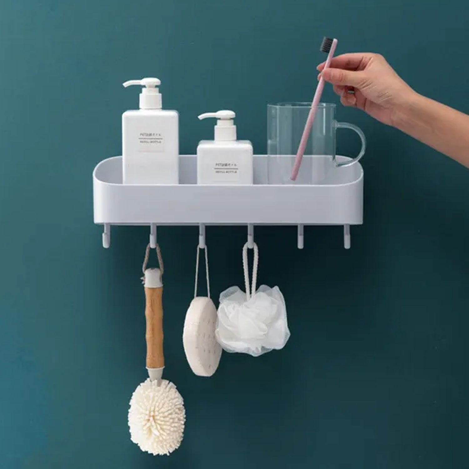 4058 Multipurpose Bathroom Kitchen Shelf Plastic Wall Storage Organizer with 6 Hooks Without Drill self Adhesive and Magic Sticker DeoDap