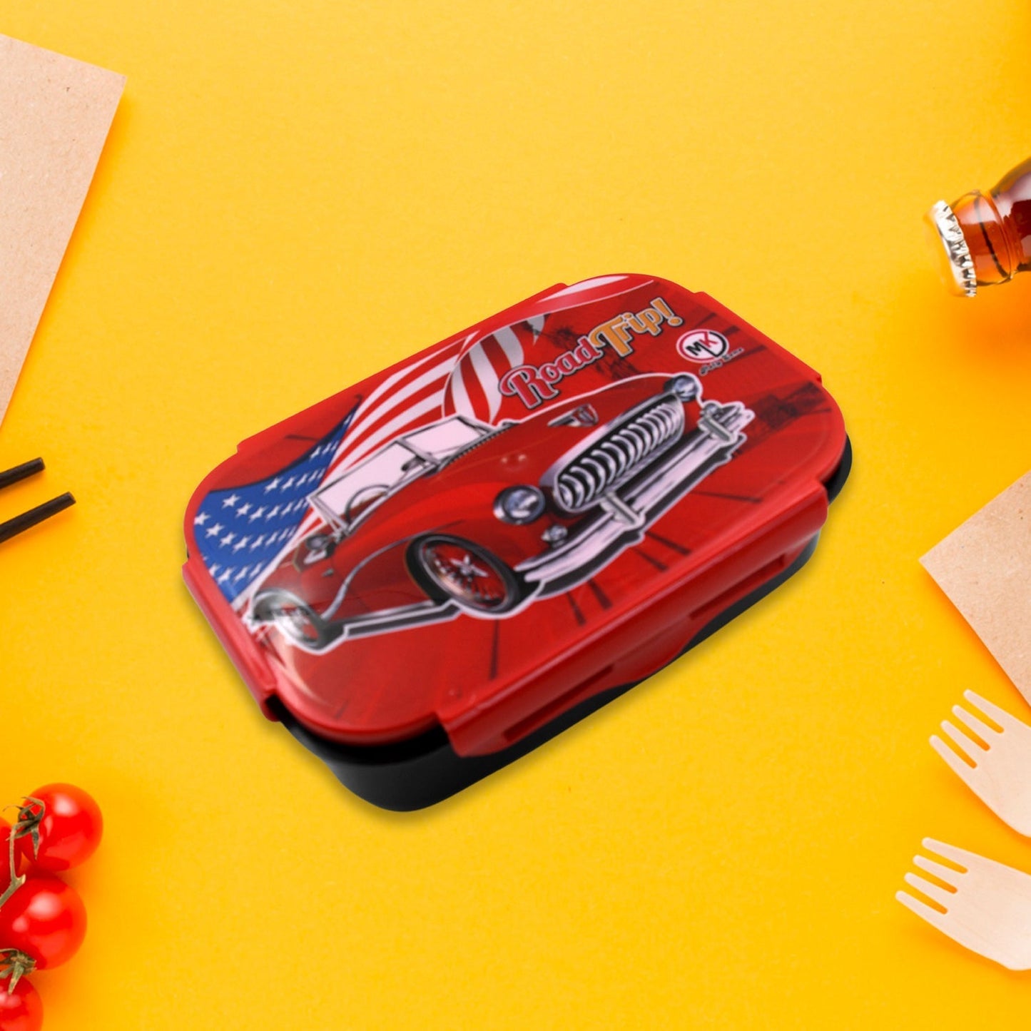 5982 Beautiful Car Design Printed Plastic Lunch Box With Inside Small Box & Spoon for Kids, Air Tight Lunch Tiffin Box for Girls Boys, Food Container, Specially Designed for School Going Boys and Girls