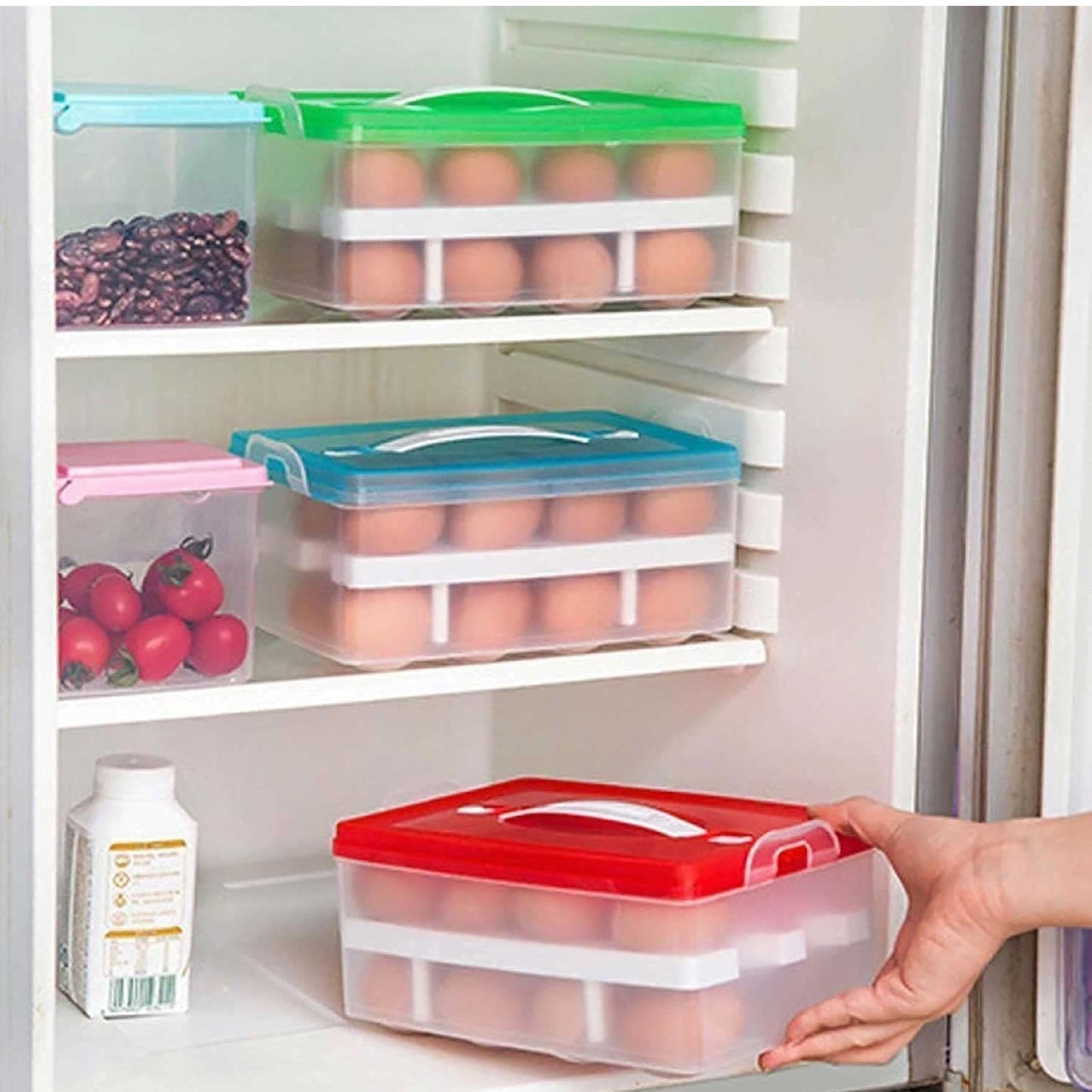 5725 2Layer, 32 Grid Egg Tray with Lid Egg Carrier Holder for Refrigerator, Camping Food Storage Container with Handle (1 Pc )