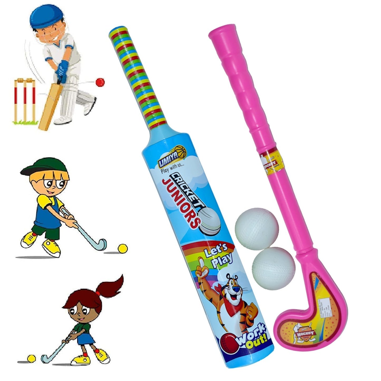 8023 Combo of Light Weight Plastic Bat, Ball & Hockey for Kids DeoDap