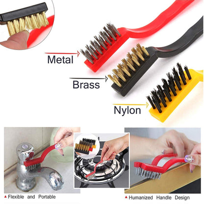 2166 3pc  Mini Wire Brush Set Brass Nylon Stainless Steel Bristles Household Cleaning Brush for Gas Stove, Smoke Machine Tool Burner Tiles Tap Rust Removal Welding Slag Dirt & Paint Scrubbing.