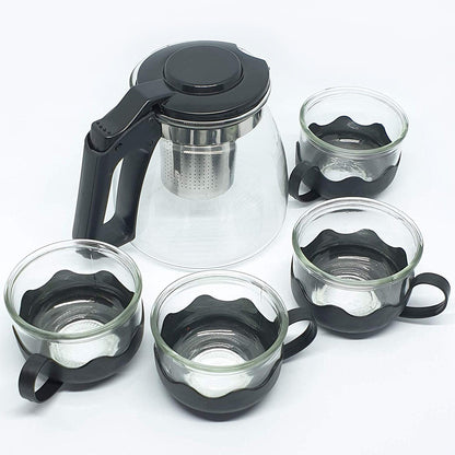 5886 Flame Proof Glass Kettle & Cup  Set With Stainer High Quality Kettle Set For Home & Cafe Use  (4 Cup & 1 Kettle)