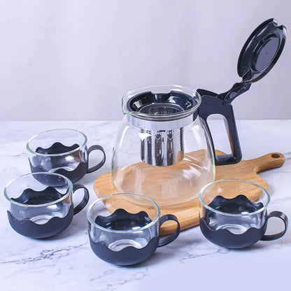 5886 Flame Proof Glass Kettle & Cup  Set With Stainer High Quality Kettle Set For Home & Cafe Use  (4 Cup & 1 Kettle)