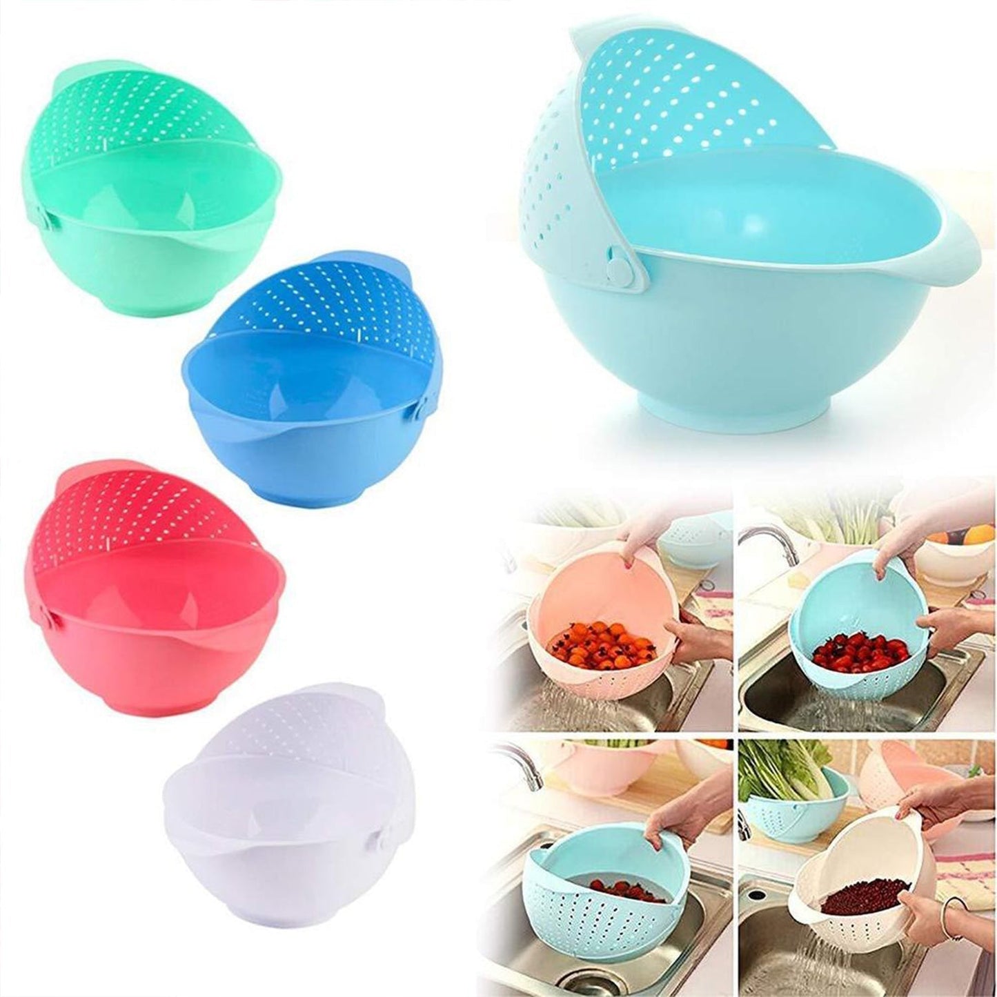 2145  Plastic Revolving Multi Functional Rice, Vegetable Fruit Wash Basket Bowl (Multi Colour) DeoDap