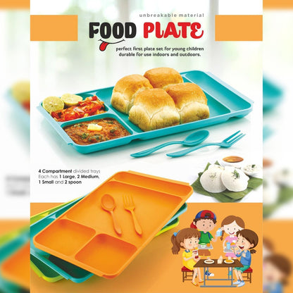 2037 4Compartment Dish with Spoon and Fork(2 Dish Set with 1Spoon and 1Fork) Dinner Plate Plastic Compartment Plate Pav Bhaji Plate 4-Compartments Divided Plastic Food Plate. DeoDap