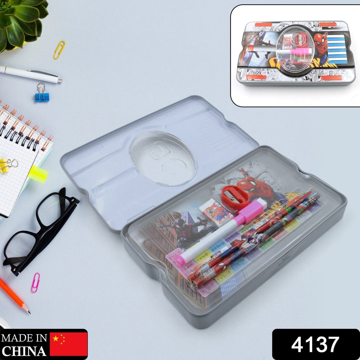 4137 Big Cartoon Printed  Metal Compass Box, Pencil Case With Sharpner, Eraser, Pencil, Marker & Scale for Kids Stationery Compass Box, Stationery Gift for School Kids Compass, Pencil Box, Birthday Return Gift for Kids  (6 Pc Set)