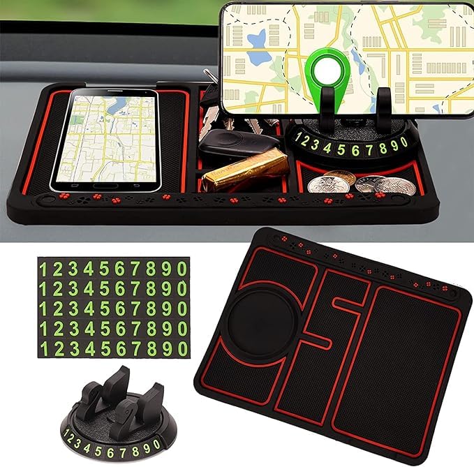 The grand magazin Car Non Slip Dashboard Mat 4-in-1 Multifunctional 360°Rotating Phone Holder Phone Pad with Temporary Car Parking Number & 2 Perfume Aromatherapy Anti-Shake Pad Universal Phone Holder (Red)