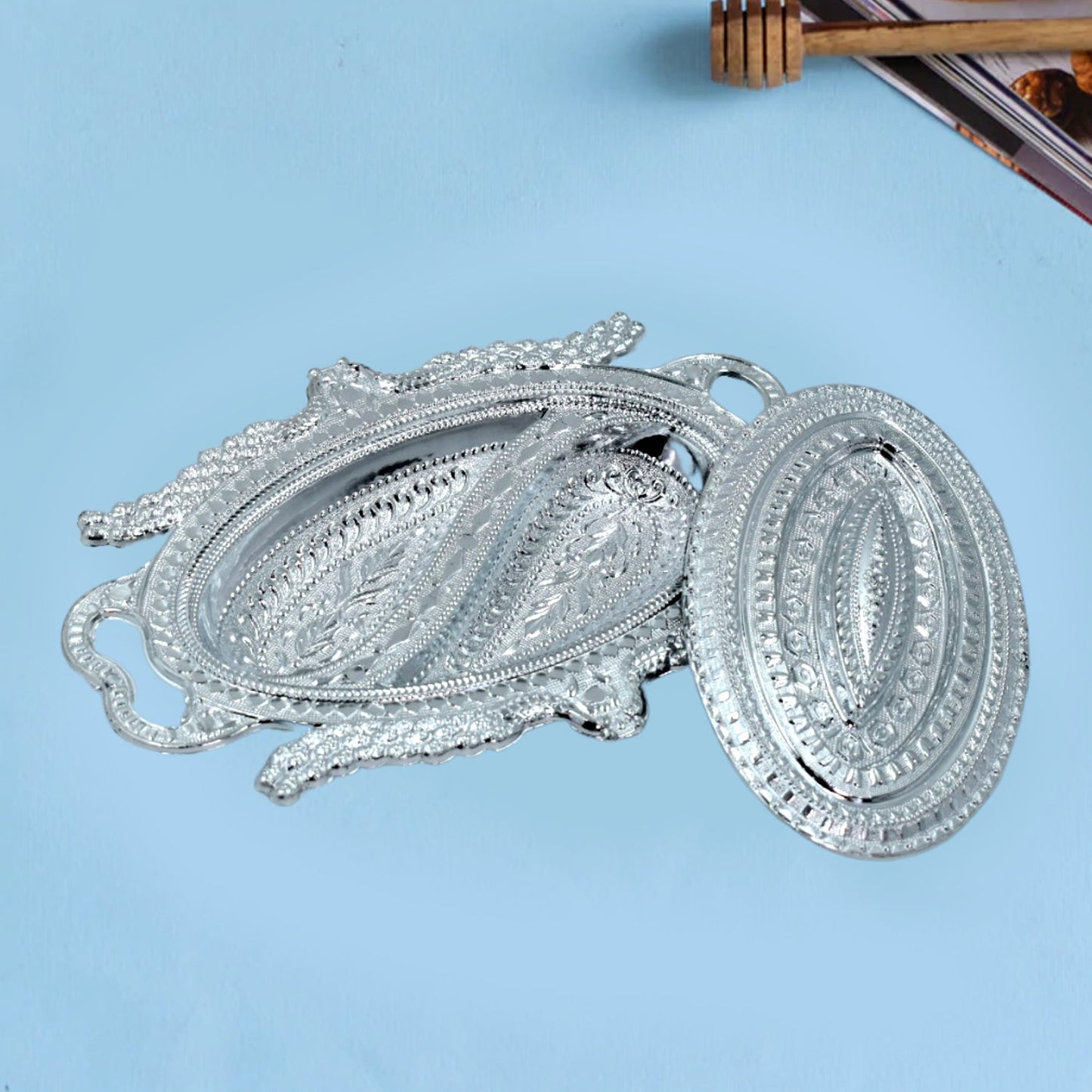 2853 Plastic Peacock Dry Fruit Silver Finish Serving Tray DeoDap