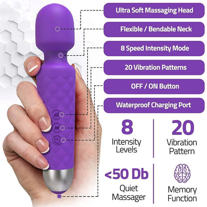 Waterproof Rechargeable Personal Body Massager for Women | Cordless Handheld Wand with 20 Vibration Modes & 8 Speed Patterns | Perfect for Pain Relief Massag