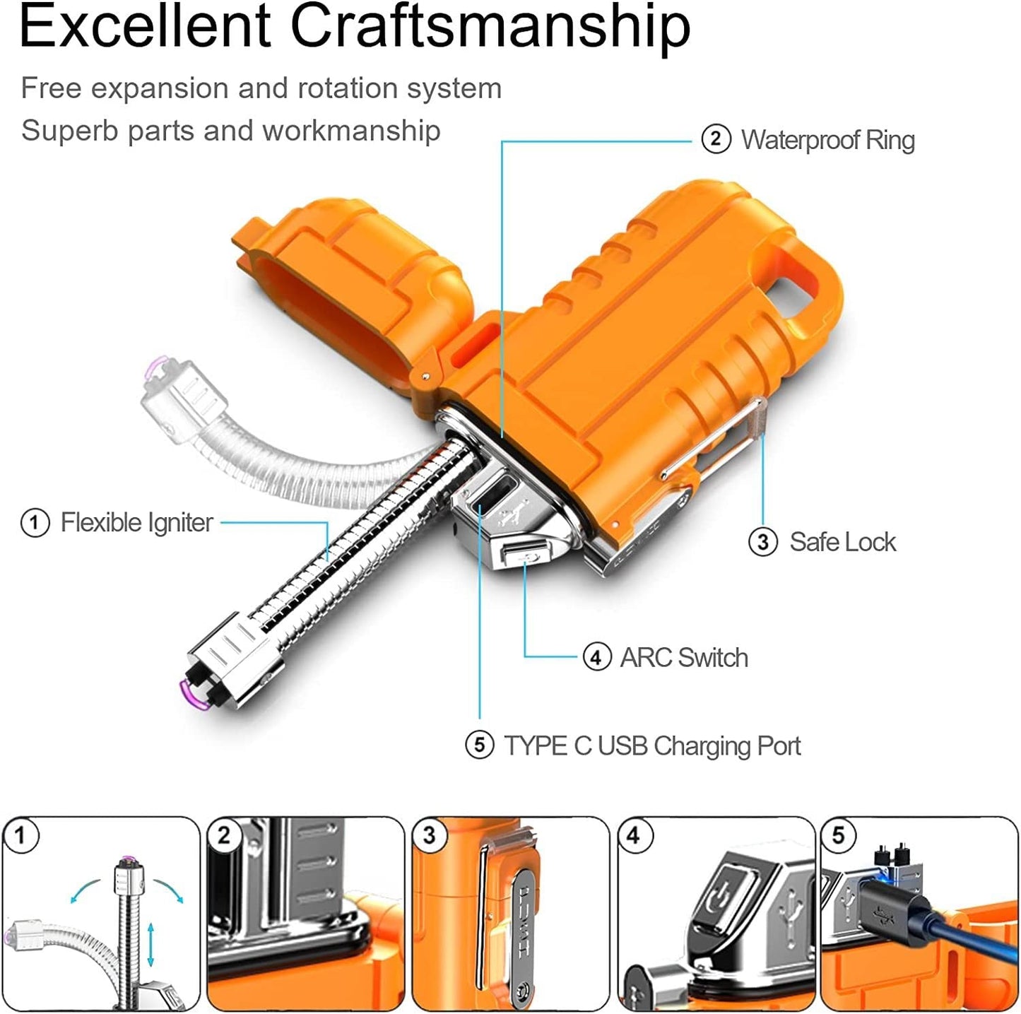 The grand magazin Rechargeable Electric Lighter with 360° Flexible Long Neck for Candle Grill, Waterproof USB Arc Lighters with Lanyard and Hanging Hole, Windproof Plasma Flameless Lighter