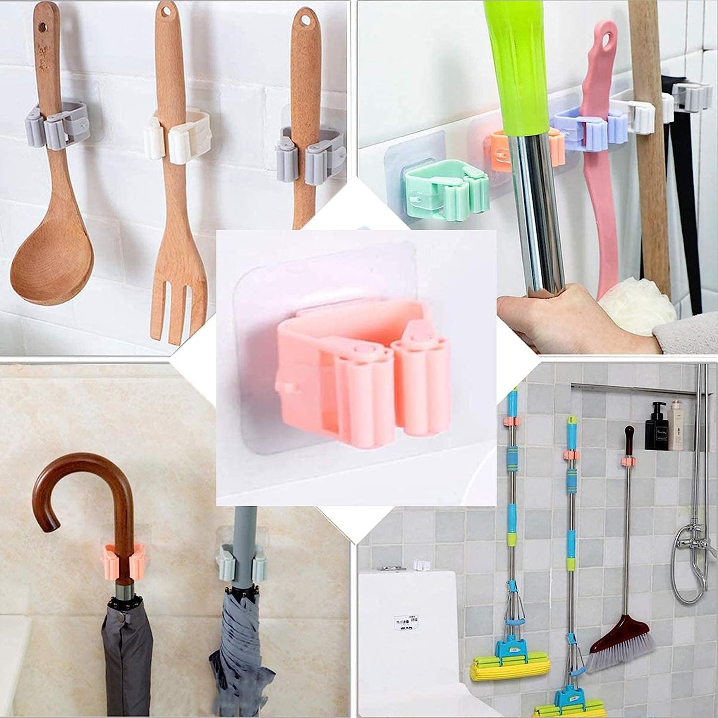 2177A Broom Holder Wall Mounted, Mop and Broom Holder Broom Organizer Grip Clips, No Drilling, Wall Mounted Storage Rack Storage & Organization for Kitchen, Bathroom, Garden