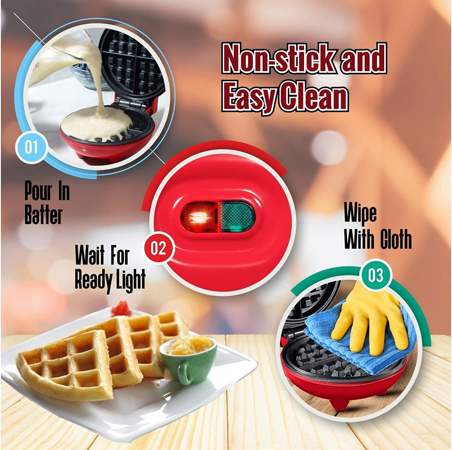 Mini Waffle Maker 4 Inch- 350 Watts: Stainless Steel Non-Stick Electric Iron Machine for Individual Belgian Waffles, Pan Cakes, Paninis or Other Snacks