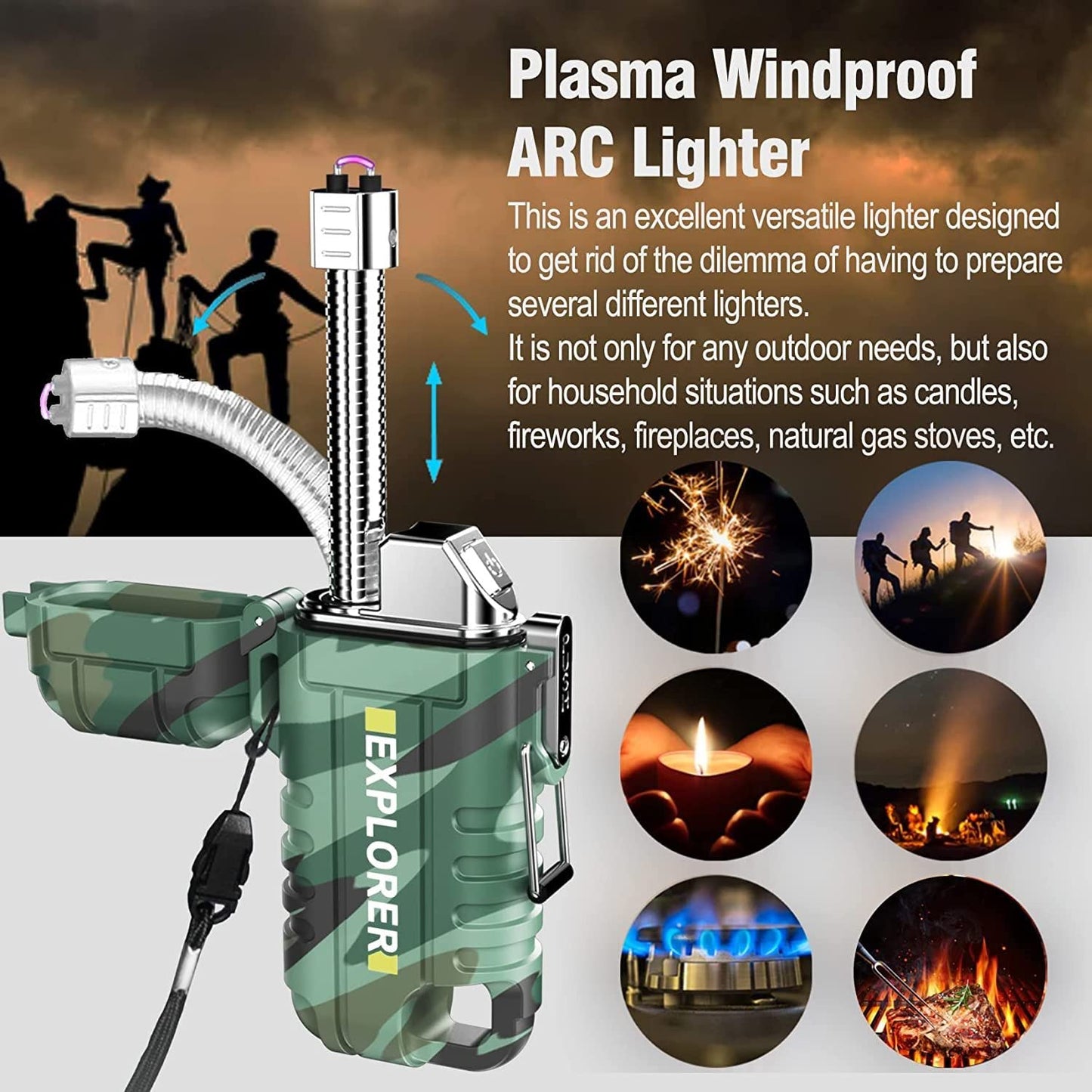 The grand magazin Rechargeable Electric Lighter with 360° Flexible Long Neck for Candle Grill, Waterproof USB Arc Lighters with Lanyard and Hanging Hole, Windproof Plasma Flameless Lighter