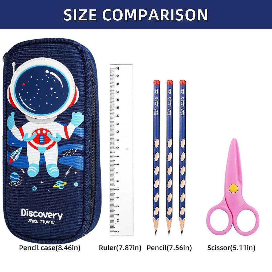 The grand magazin Cute 3D Space Pencil Case for Kids, Big Capacity Canvas Pencil Pouch with Zipper, Waterproof & Durable Large Storage Pencil case for Boys and Girl