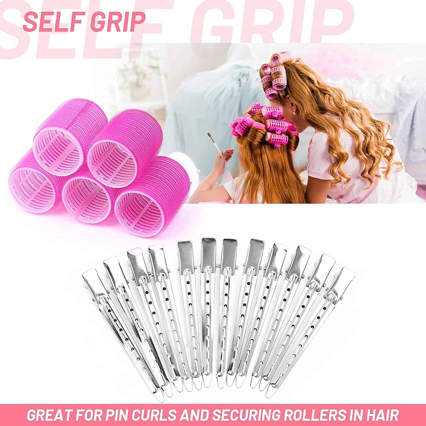 The grand magazin multicolored Hair Curler Rollers for Women, 6pcs Self Grip Magic Hair Roller Clips Hairdressing Kit for Long Medium Short Hair with 12 Bang Clips & 1 Comb