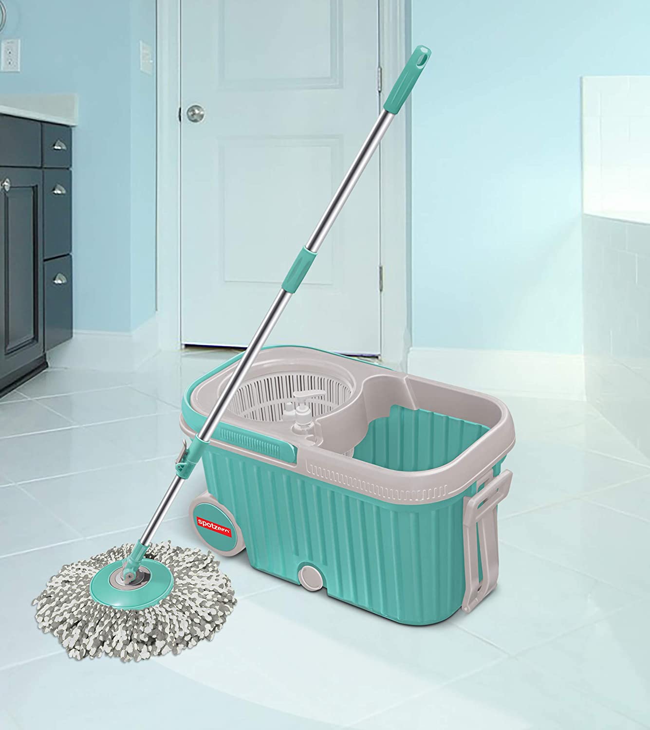 8703 Spin Mop with Bigger Wheels and Plastic Auto Fold Handle for 360 Degree Cleaning DeoDap