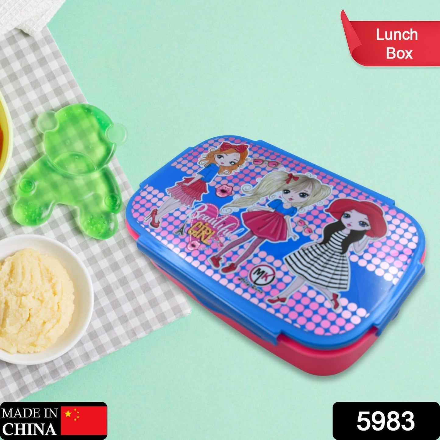 5983 Cartoon Printed Plastic Lunch Box With Inside Small Box & Spoon for Kids, Air Tight Lunch Tiffin Box for Girls Boys, Food Container, Specially Designed for School Going Boys and Girls