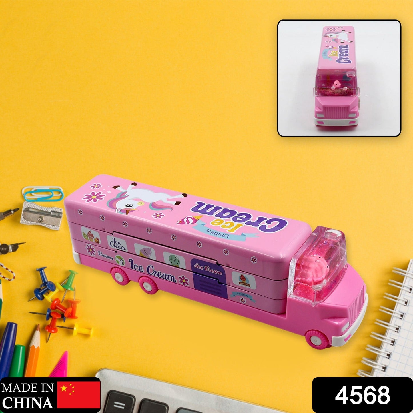 4568  Double Decker Magic Truck Compass Multi Level Metal Truck Compass Pencil Case with Movable Wheels & Sharpener (Mix Design)